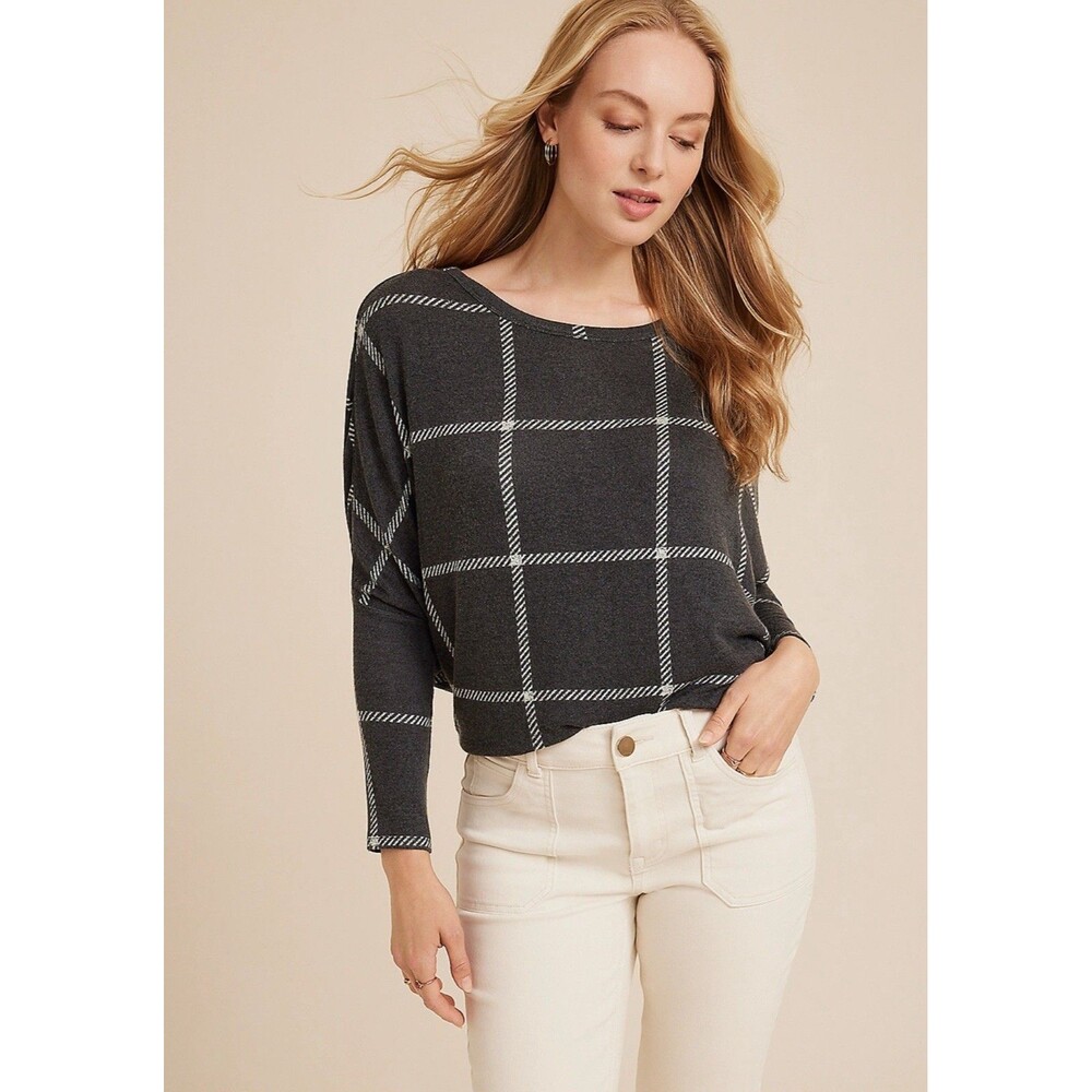 Maurice's 24/7 Dakota Windowpane Dolman Top Sz XL Gray Knit Long Sleeve Pullover